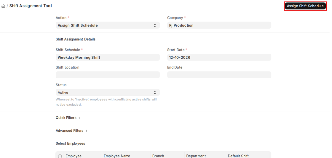 Shift Assignment Tool with action Assign Shift Schedule and selected employees in Frappe HR v16