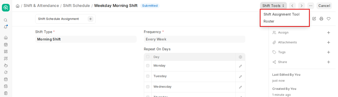Shift Tools menu with Shift Assignment Tool and Roster on a Shift Schedule in Frappe HR v16