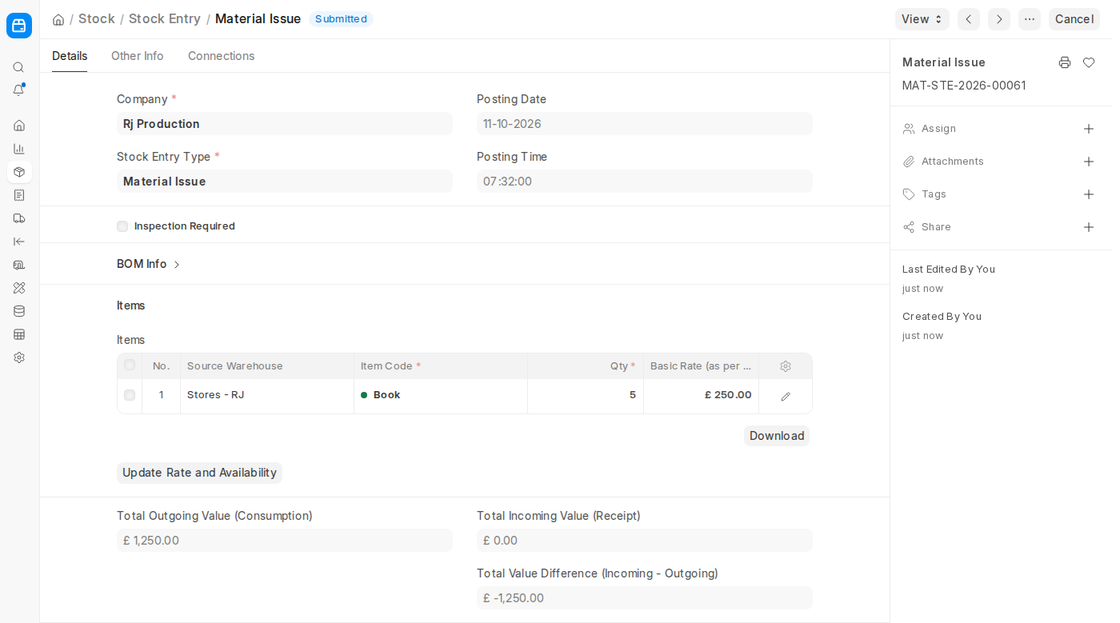 Submitted Material Issue stock entry with source warehouse in ERPNext v16