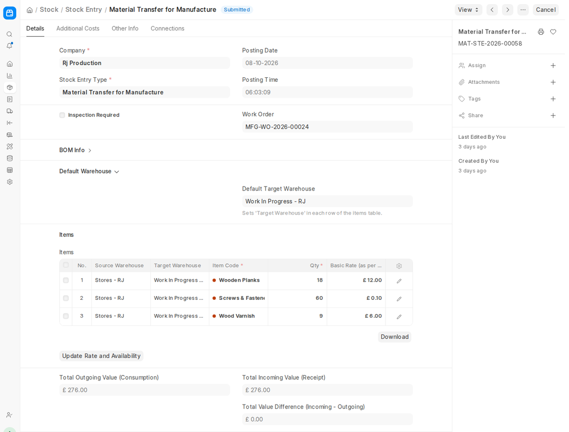 Material Transfer for Manufacture stock entry linked to a Work Order in ERPNext v16