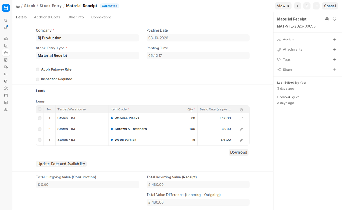 Submitted Material Receipt stock entry with target warehouse in ERPNext v16