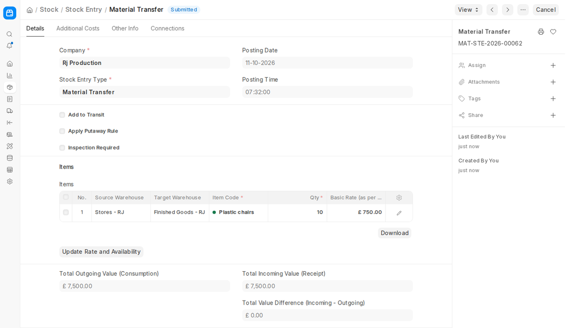 Submitted Material Transfer stock entry between two warehouses in ERPNext v16