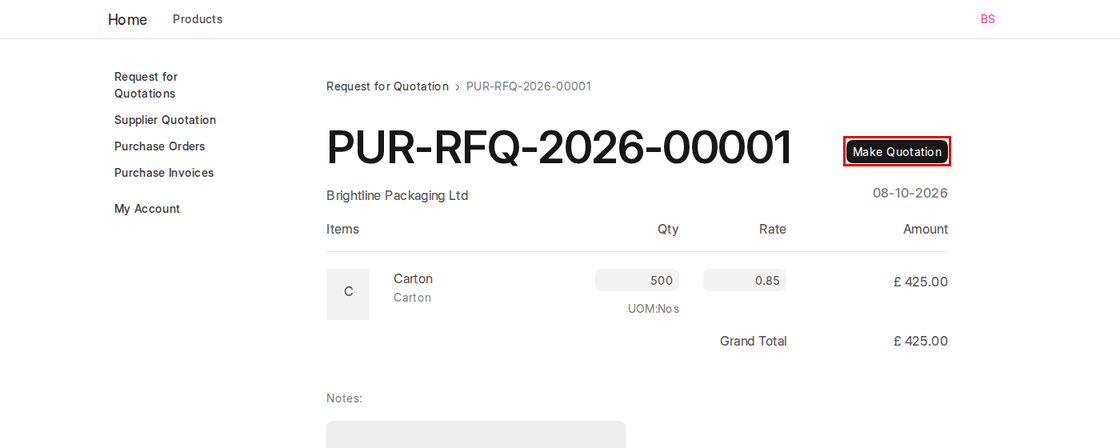 Supplier entering a rate and clicking Make Quotation in the ERPNext v16 supplier portal