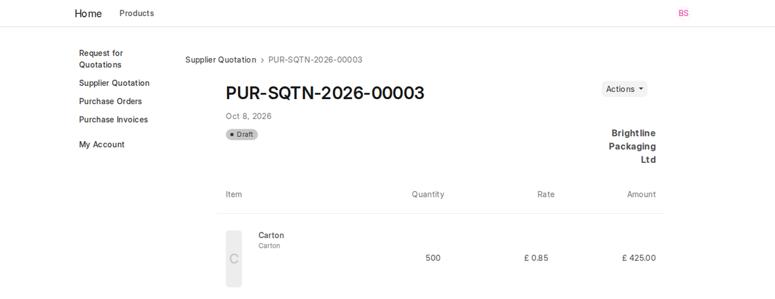 Draft Supplier Quotation in the ERPNext v16 supplier portal