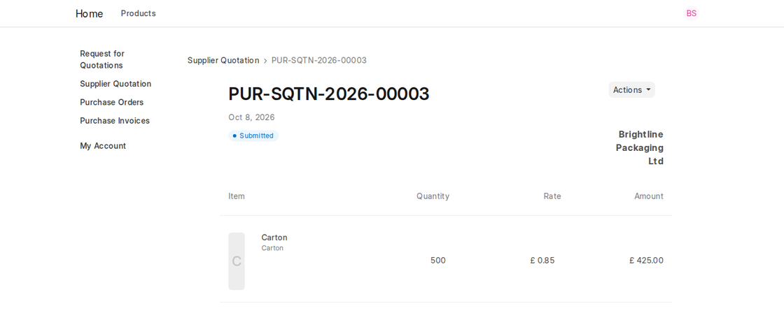 Submitted Supplier Quotation shown in the ERPNext v16 supplier portal