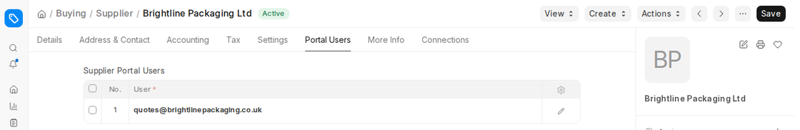 Supplier Portal Users table on the Supplier Portal Users tab in ERPNext v16