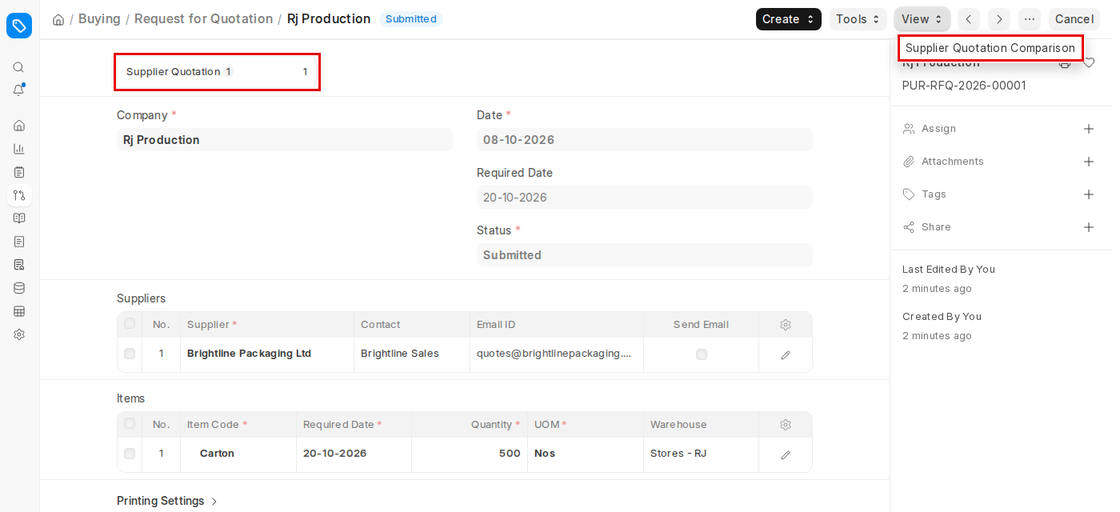 Supplier Quotation link and View menu on a Request for Quotation in ERPNext v16