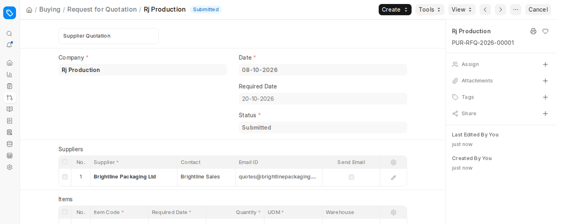 Submitted Request for Quotation with supplier and items in ERPNext v16