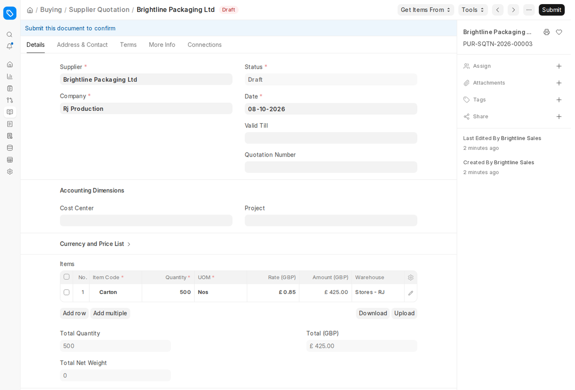 Draft Supplier Quotation created from the supplier portal in ERPNext v16