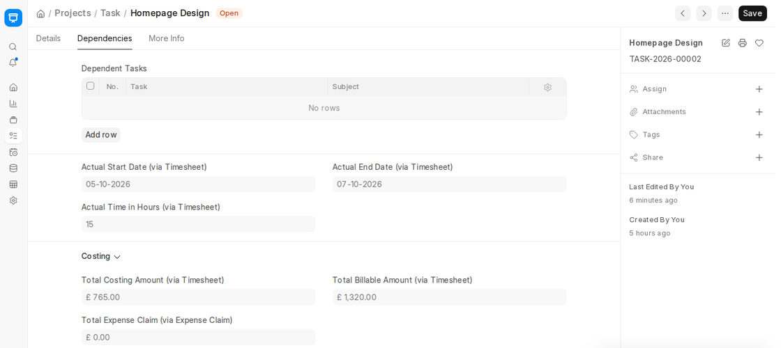 Task actual dates, actual time and costing via Timesheet in ERPNext v16