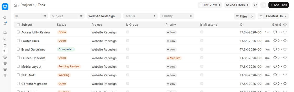 Creating a task with Add Task and the New Task dialog in ERPNext v16
