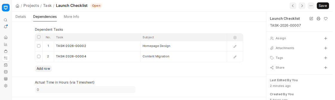 Dependent Tasks table on the Task Dependencies tab in ERPNext v16