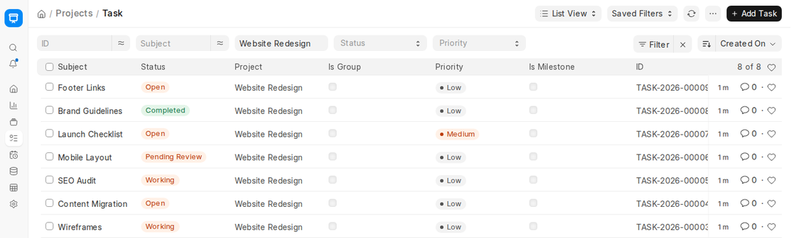 Task list filtered by project in ERPNext v16