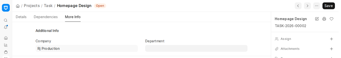 Task More Info tab with Company and Department in ERPNext v16