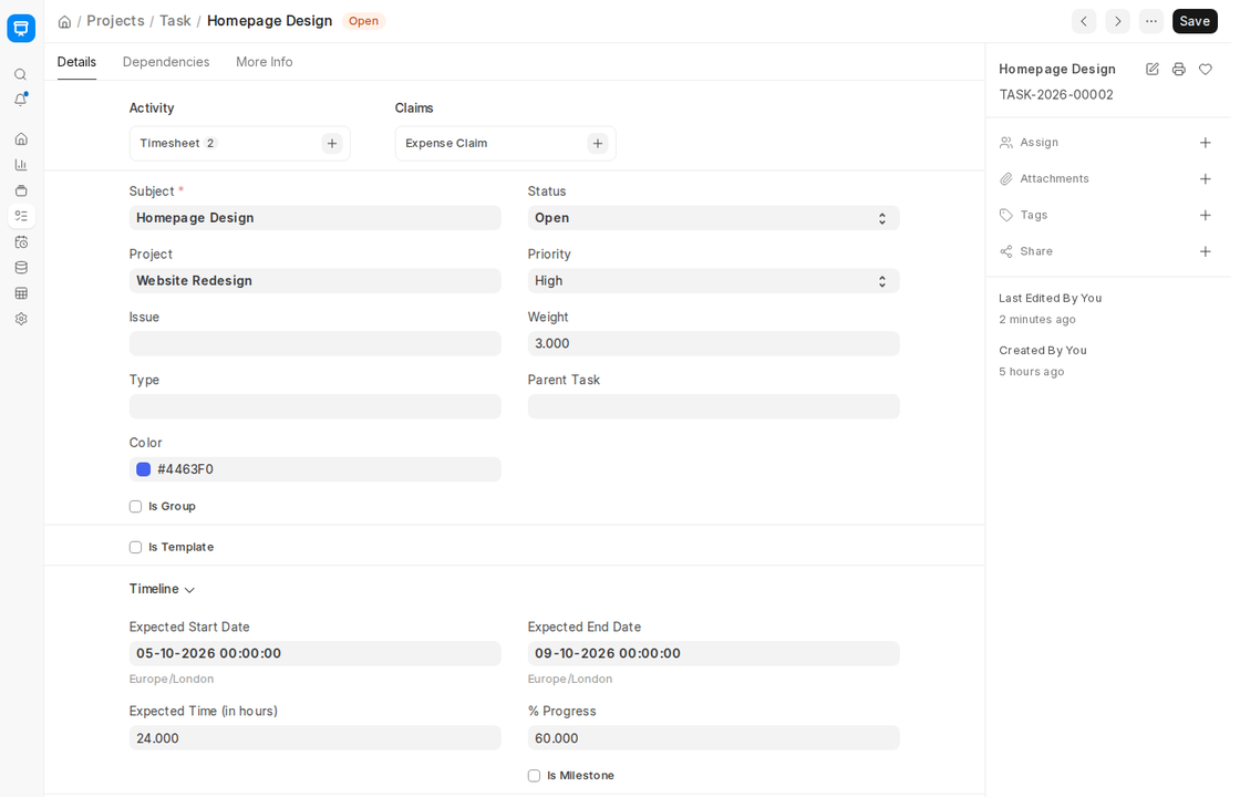 Task form with status, priority, weight and timeline in ERPNext v16