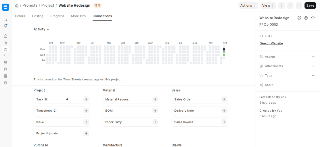 Creating a task from the Project Connections tab in ERPNext v16