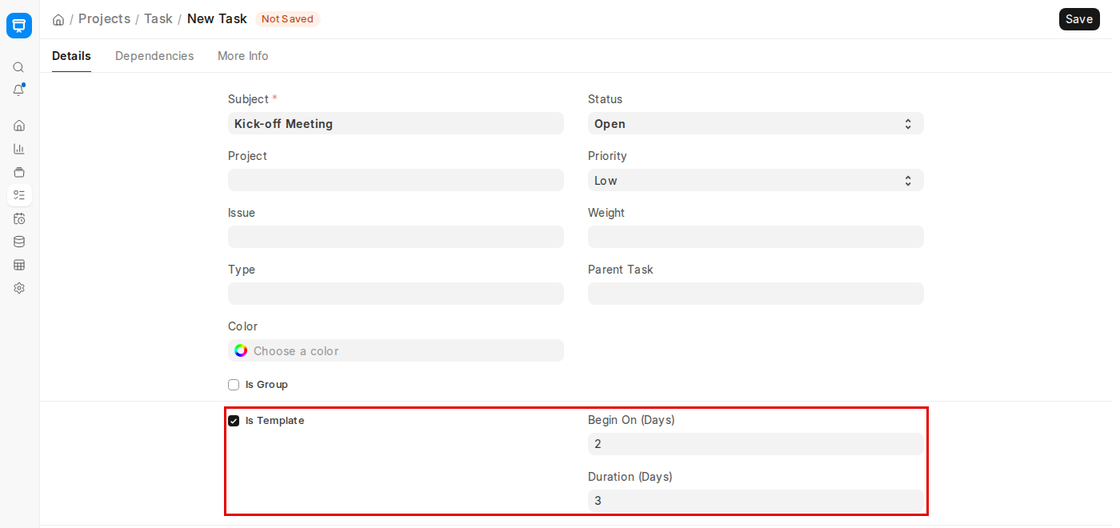 Template task with Begin On and Duration days in ERPNext v16