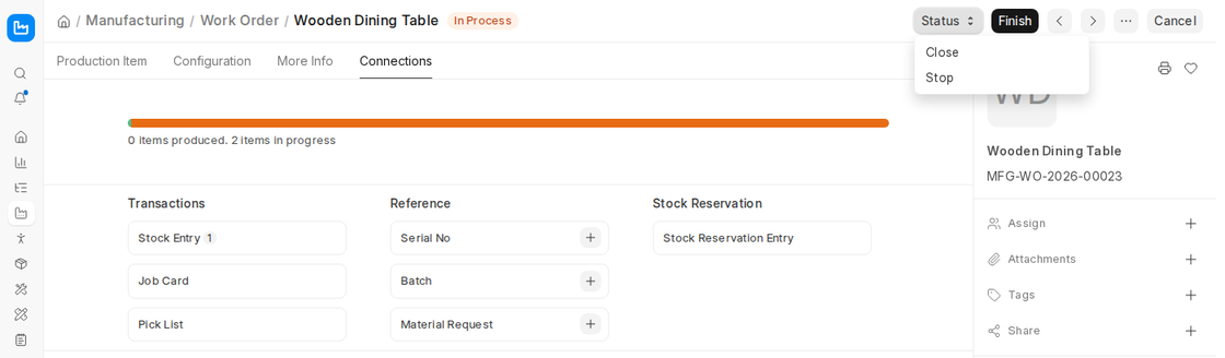 Work Order Status menu with Close and Stop options in ERPNext v16