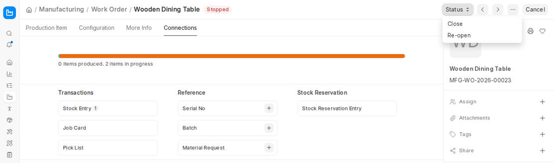 Stopped Work Order Status menu with Close and Re-open options in ERPNext v16