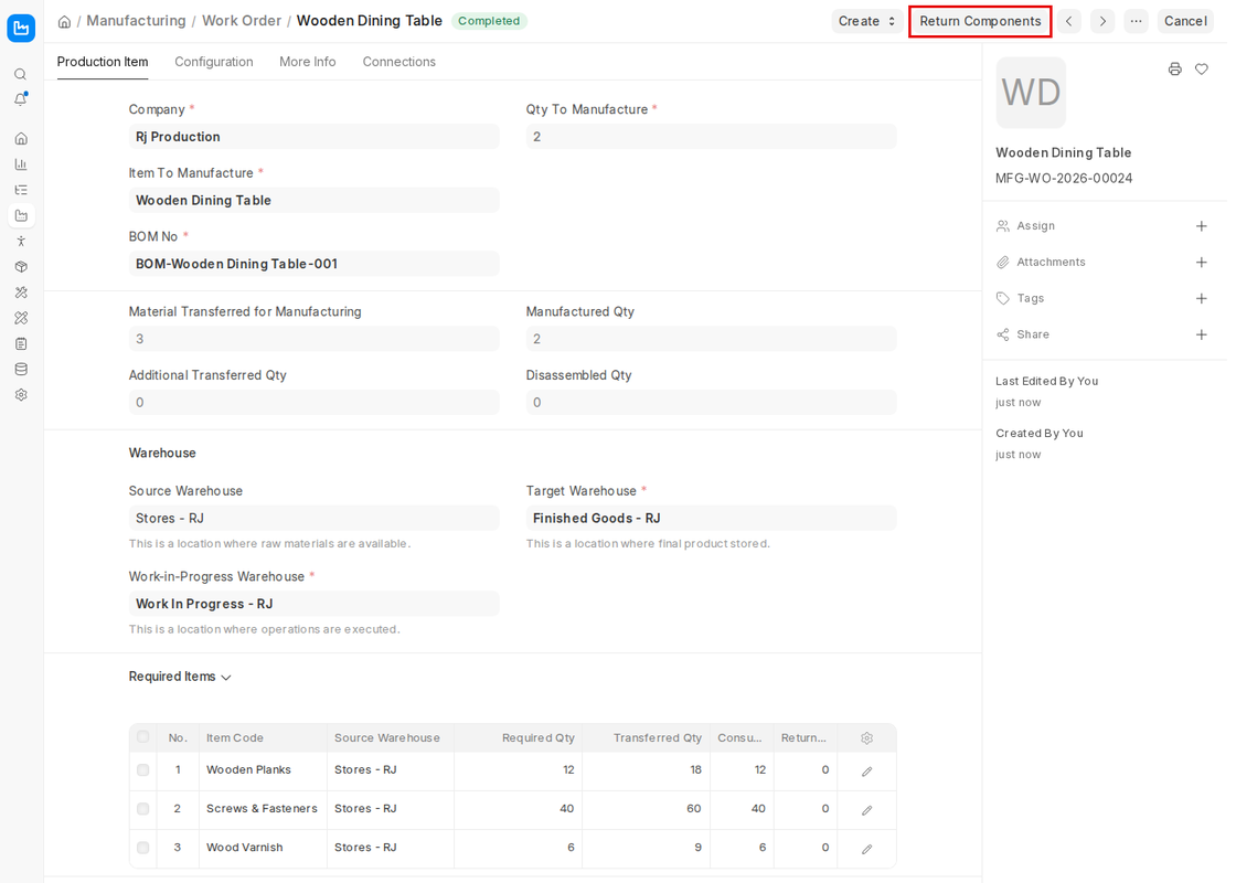 Return Components button on a completed Work Order in ERPNext v16