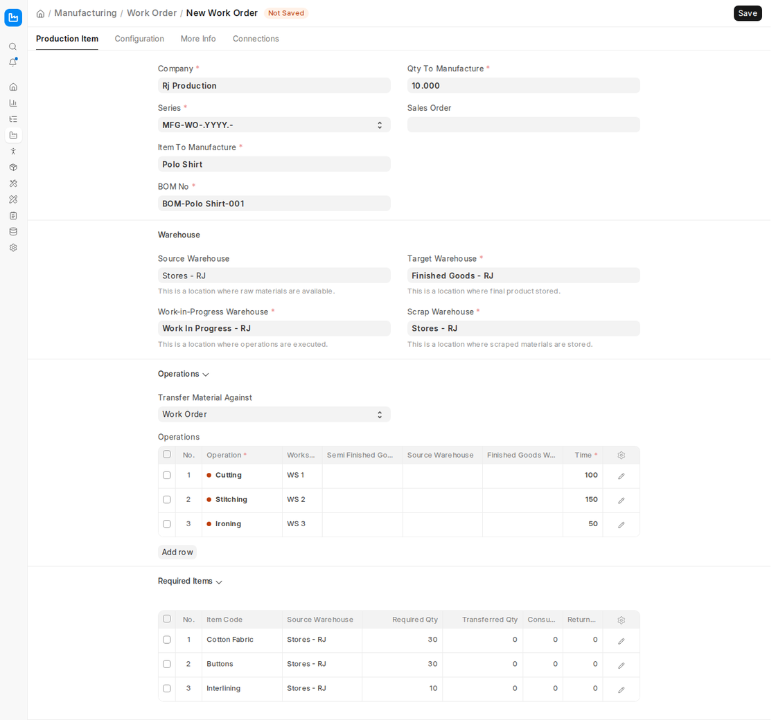 New Work Order in ERPNext v16 with item, BOM, warehouses, operations and required items