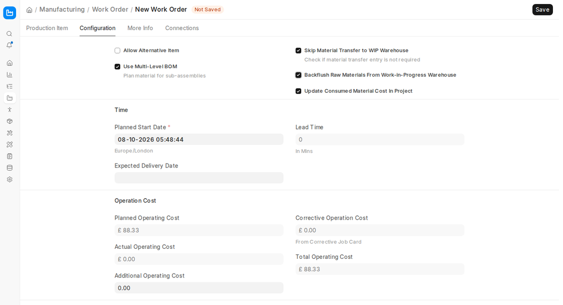 Work Order Configuration tab in ERPNext v16 with Skip Material Transfer and Backflush options