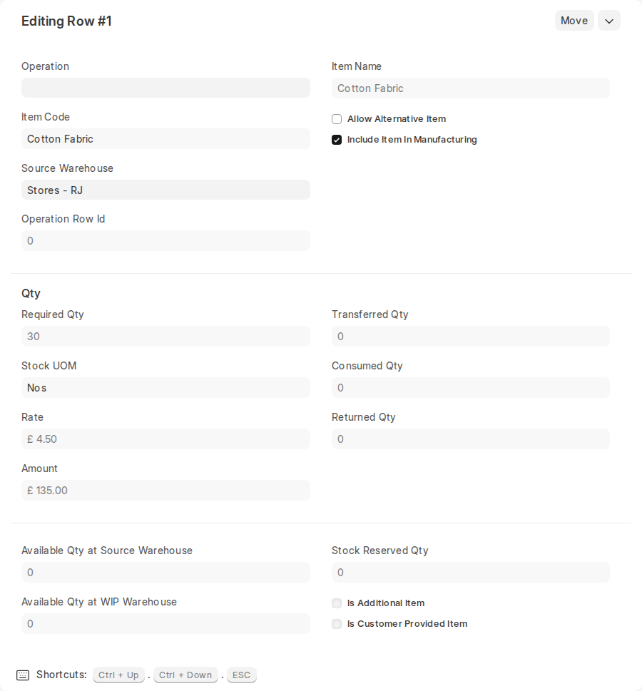Required Items row editor in ERPNext v16 Work Order