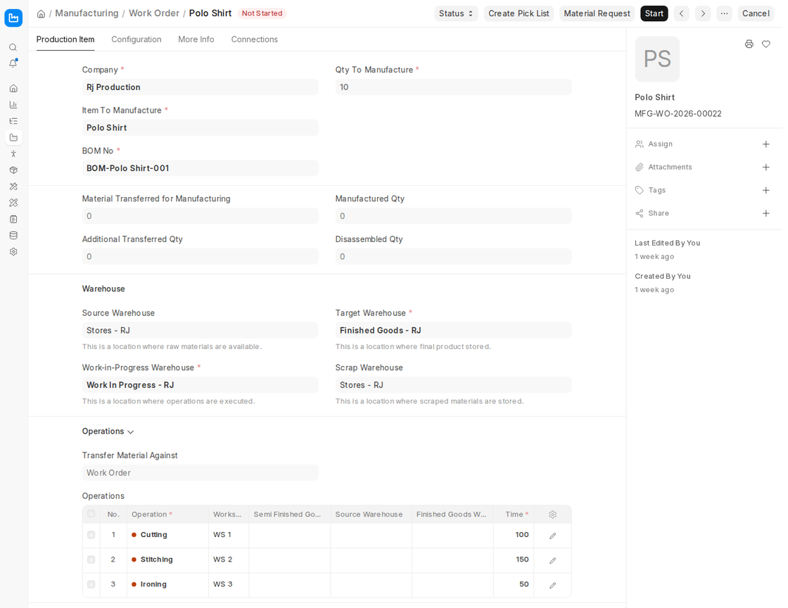 Operations table on the Work Order Production Item tab in ERPNext v16