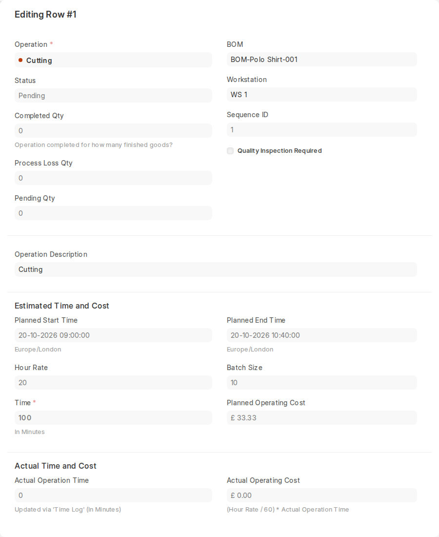 Work Order operation row with status, time and operating cost in ERPNext v16