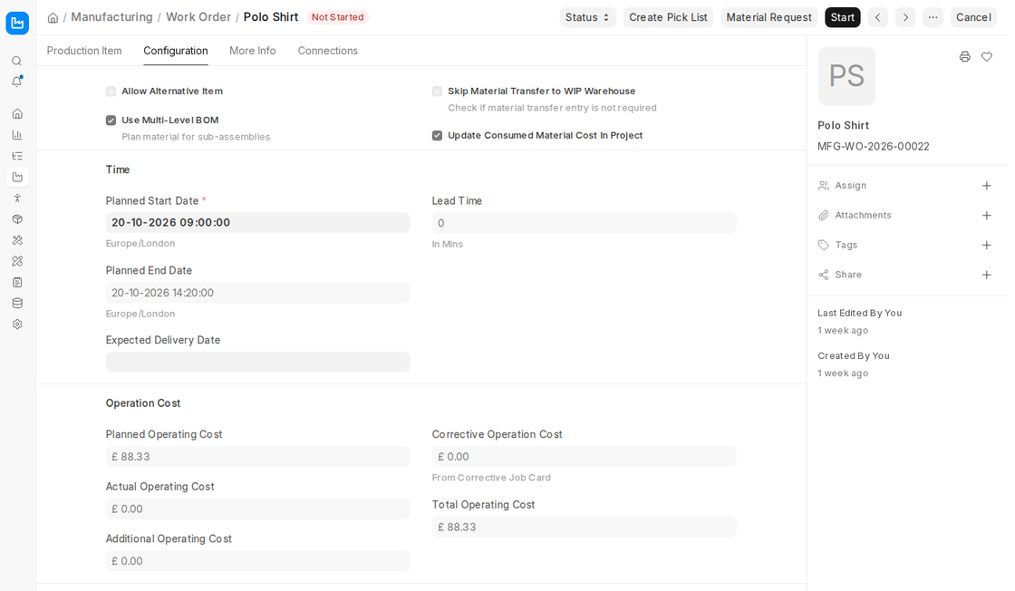 Work Order Time and Operation Cost sections in ERPNext v16