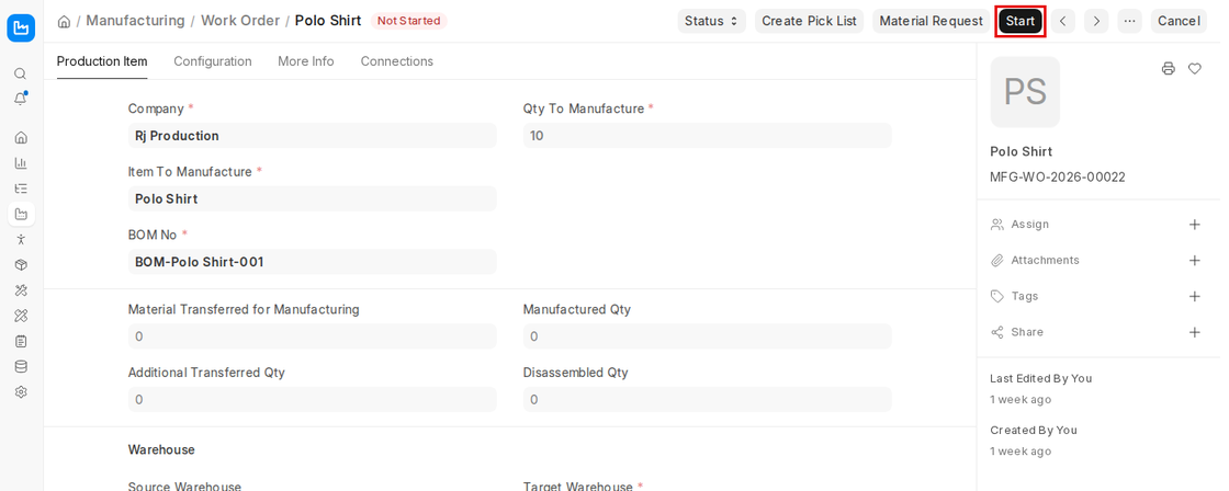 Submitted Work Order with the Start button in ERPNext v16