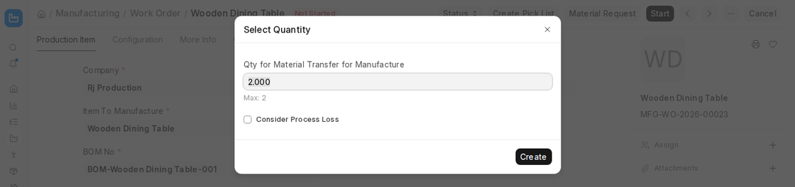 Select Quantity dialog for Material Transfer for Manufacture in ERPNext v16